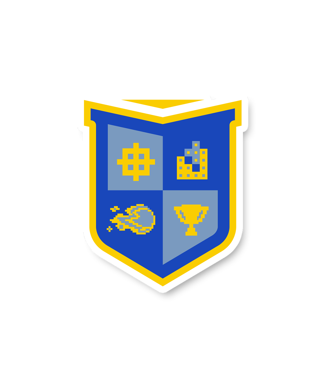 Sticker in the shape of a shield to resemble the VGHS Crest with it's pixelated designs in each of the four corners.
