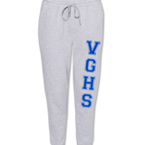 Light grey heathered joggers with varsity letters in blue going down the left leg starting at mid thigh and going down just below the knee, "V G H S"