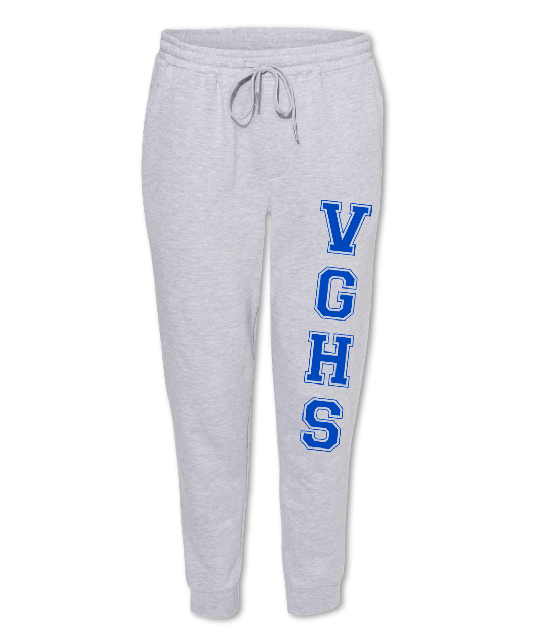 Light grey heathered joggers with varsity letters in blue going down the left leg starting at mid thigh and going down just below the knee, 