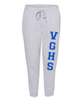 Light grey heathered joggers with varsity letters in blue going down the left leg starting at mid thigh and going down just below the knee, "V G H S"