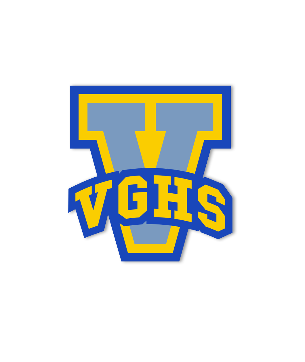 V logo sticker with VGHS in yellow and blue enamel and light blue V so it looks like a varsity letter.