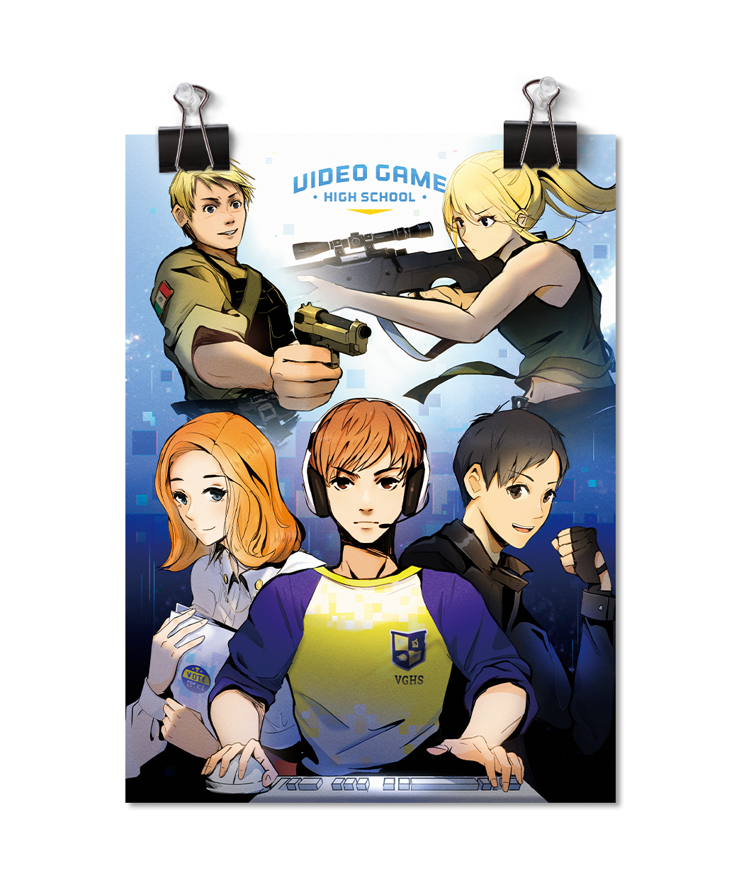 A postcard sized print in the anime style of the five main characters in Video Game High School.