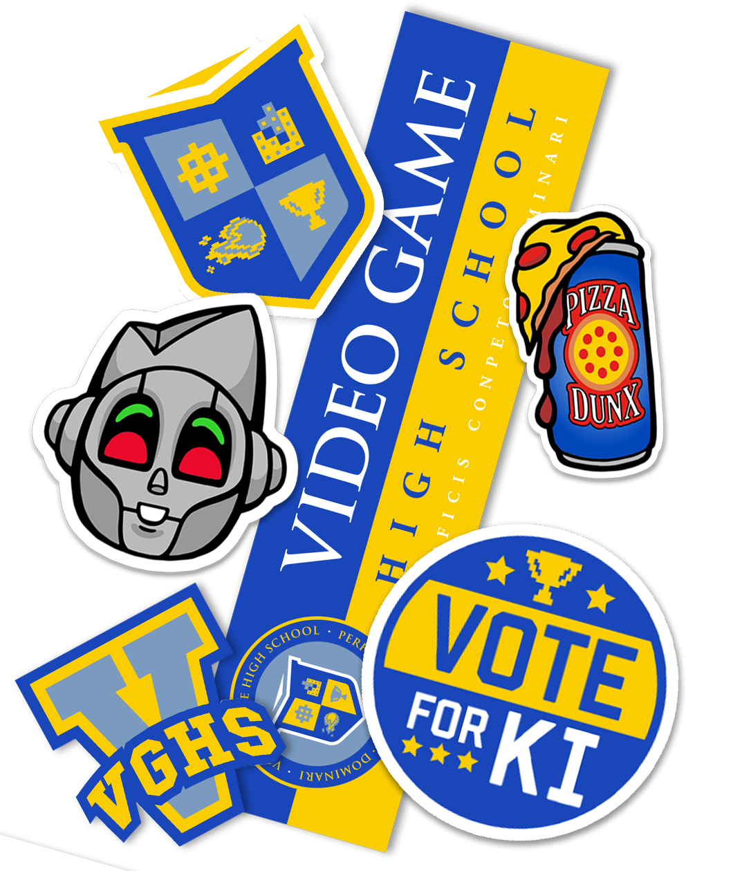 VGHS Logo crest sticker, Shotbot head sticker, V logo sticker, Vote for Ki sticker, and Pizza Dunx sticker. Also includes a Video Game High School bumper sticker.