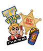 Silver metal V logo pin with VGHS in yellow and blue enamel and silver V. Gold metal plating sheriff 6 sided star pin with the words, "BEST FRIENDS" in red in the center. Black metal pin of a blonde guy holding a red comb with digital text underneath in white, "STYLIN' MY DO". And a black metal pin of a blue can that has a logo of a pizza with the words, "PIZZA DUNX" and a slice of pepperoni pizza coming out of the top.