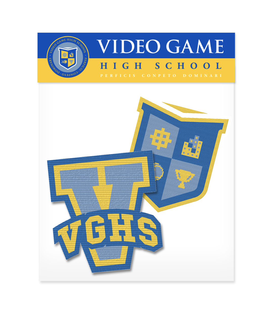 Polybag with Video Game High School Header card. Contains two patches. One V logo patch with VGHS on it in Blue and Yellow, then the VGHS Crest with the pixelated images in the four corners of the shield.