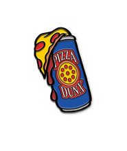 Black metal pin of a blue can that has a logo of a pizza with the words, "PIZZA DUNX" and a slice of pepperoni pizza coming out of the top.