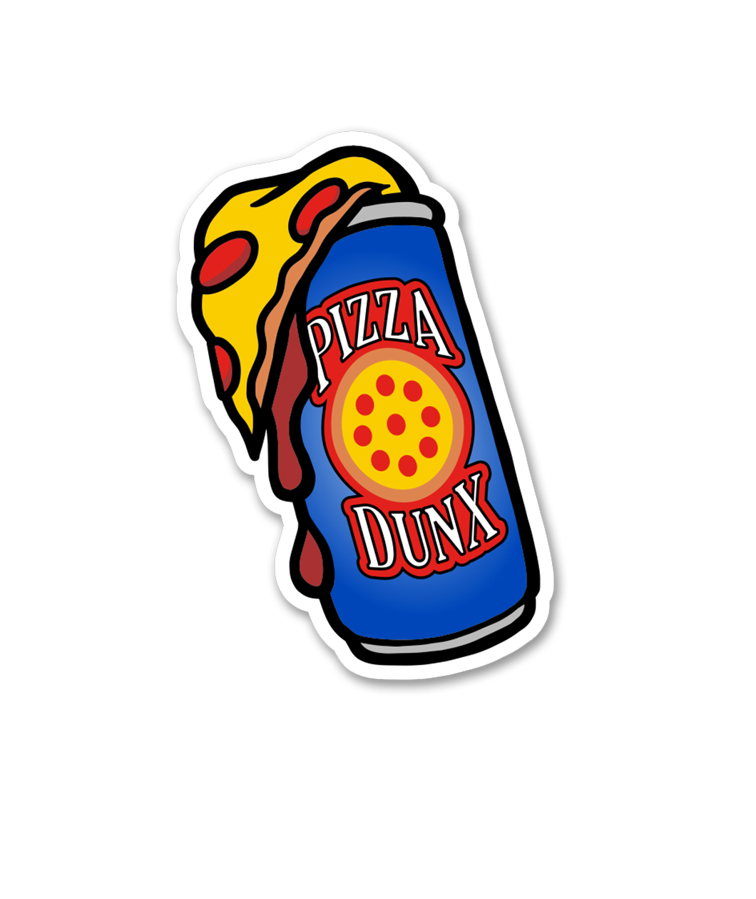 Sticker of a blue can that has a logo of a pizza with the words, "PIZZA DUNX" and a slice of pepperoni pizza coming out of the top.