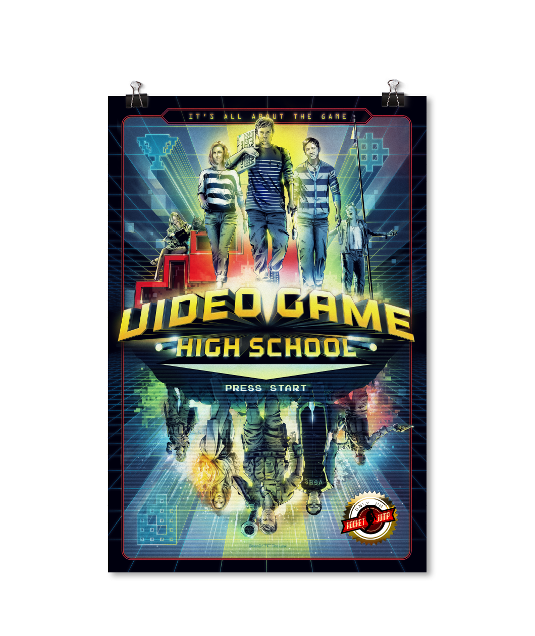 Official poster from the first season of Video Game High School. Features the main characters walking towards the viewer above the yellow 3D text and their bottom reflection is them as the characters they play.