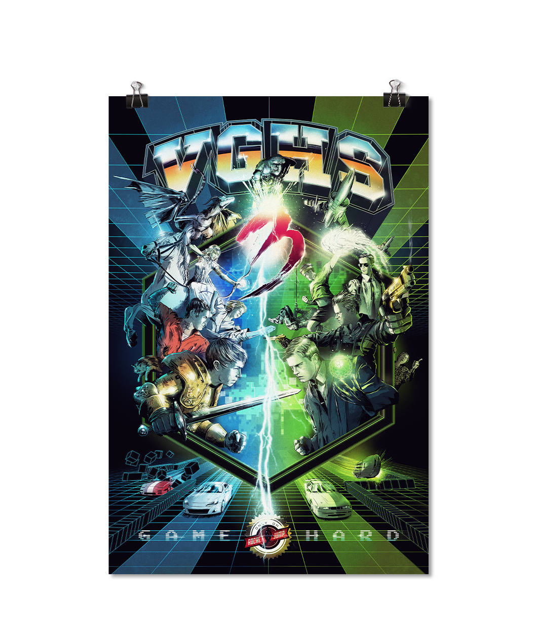 Movie size poster from season 3 of Video Game High School. One side is blue tone while the other is green tone, separated by a lighting bolt the characters face off in the middle of the poster with chrome lettering reflecting the desert spelling 