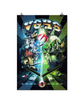 Movie size poster from season 3 of Video Game High School. One side is blue tone while the other is green tone, separated by a lighting bolt the characters face off in the middle of the poster with chrome lettering reflecting the desert spelling "VGHS" above. The base has a minimal game system road of blocks with four cars driving towards the viewer.