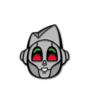 Black Metal pin of a grey robot smiling with red and green eyes.