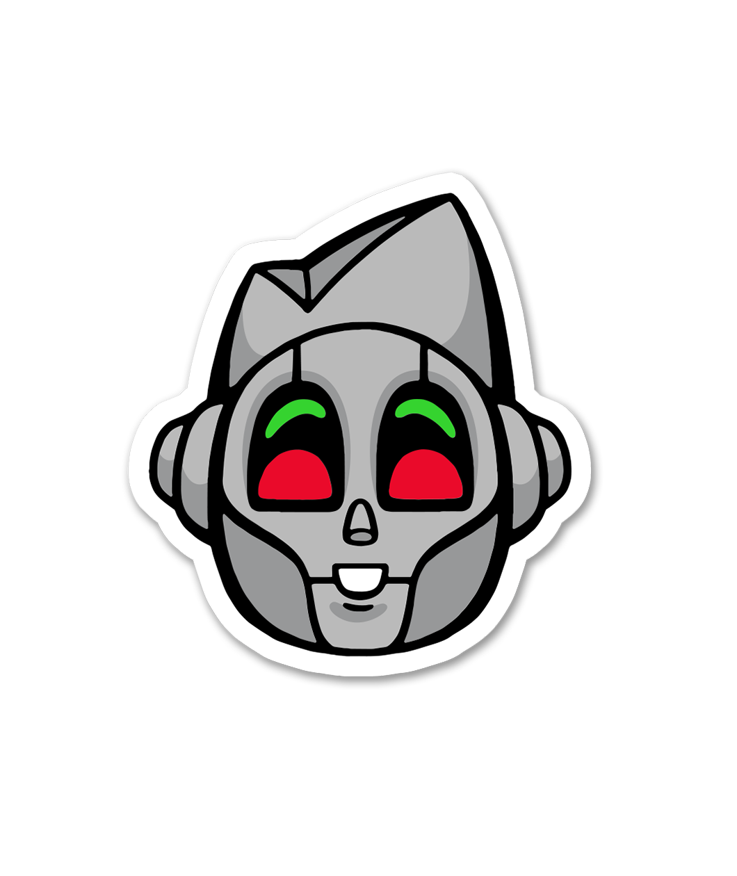Sticker of a grey robot smiling with red and green eyes.