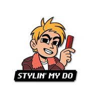 Black metal pin of a blonde guy holding a red comb with digital text underneath in white, "STYLIN' MY DO". 