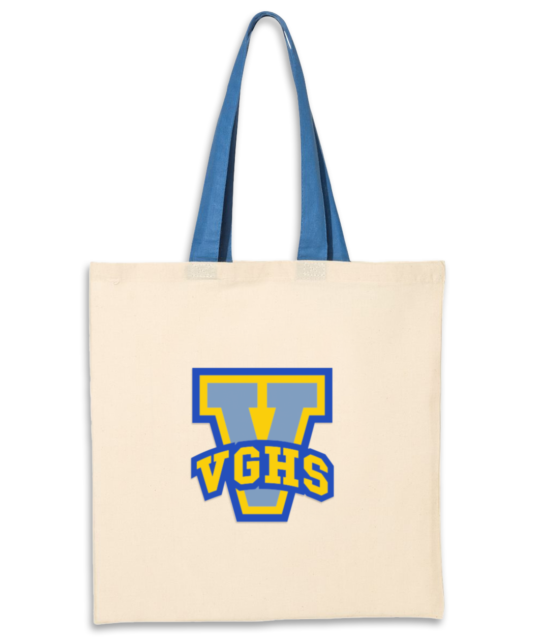 Natural colored tote with blue strap and V varsity letter emblem in yellow and blue with. bold letters 
