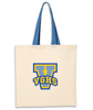 Natural colored tote with blue strap and V varsity letter emblem in yellow and blue with. bold letters "VGHS" across the bottom of the V.