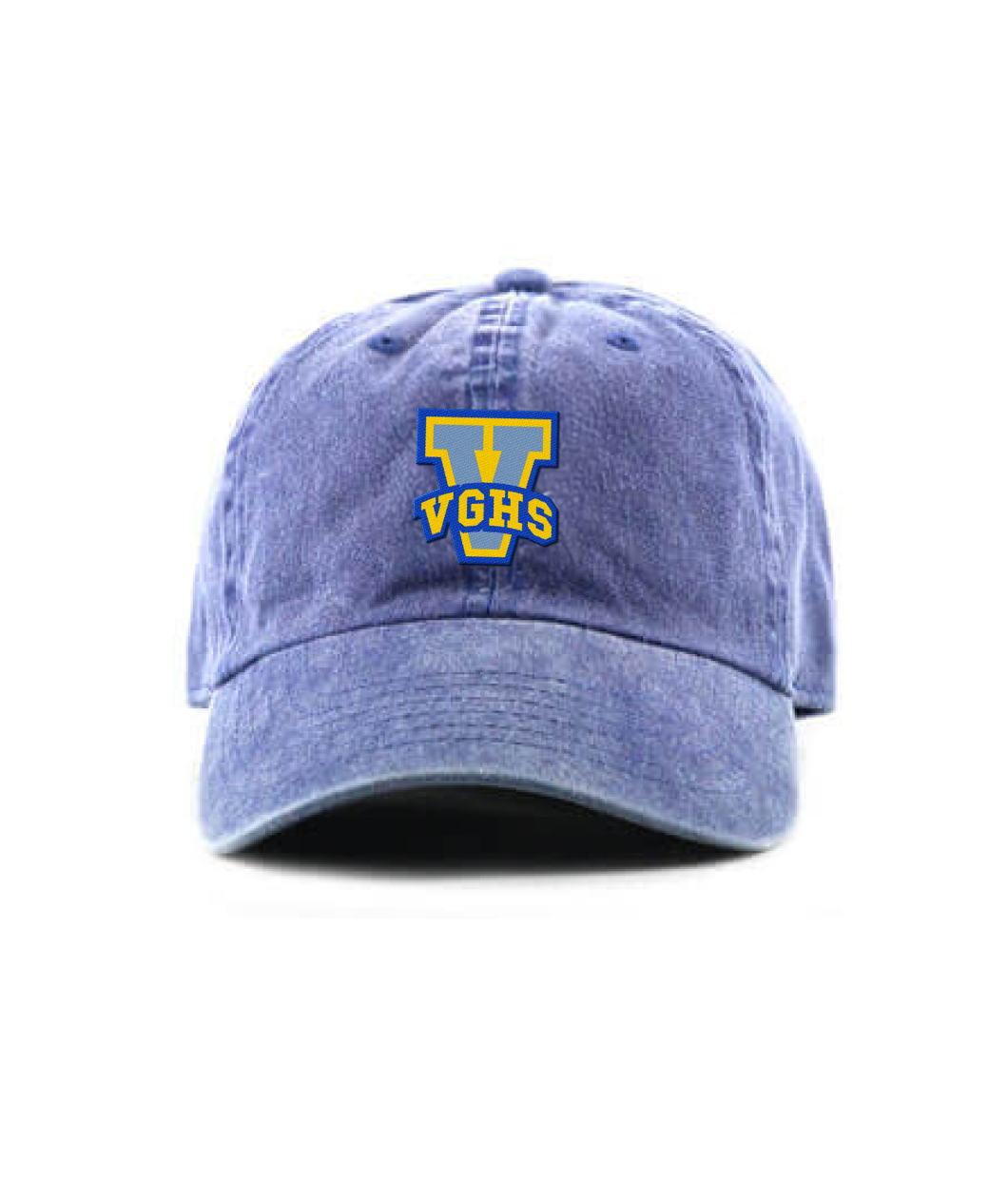 Denim style dad hat with yellow and blue V emblem embroidered in the center with VGHS in smaller letters on top.