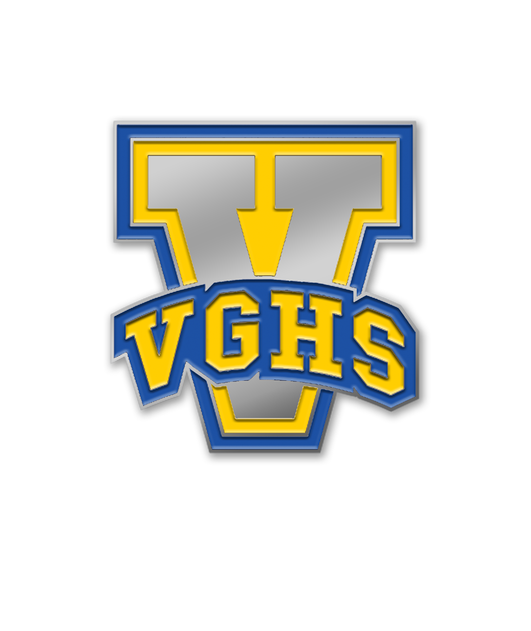 Silver metal V logo pin with VGHS in yellow and blue enamel and silver V.