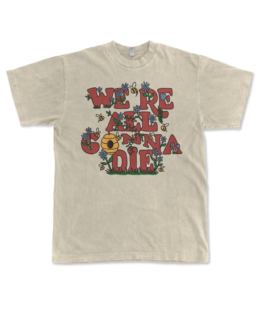 Sand colored tee with illustrated rust colored text, 