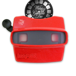 Red retroviewer with black handle and reel with text, "We're all gonna die"
