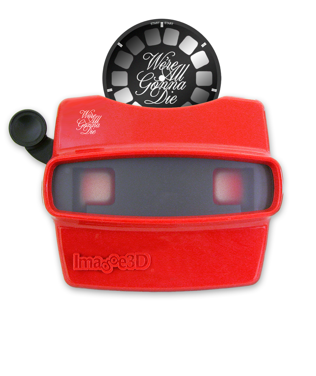 Red retroviewer with black handle and reel with text, 