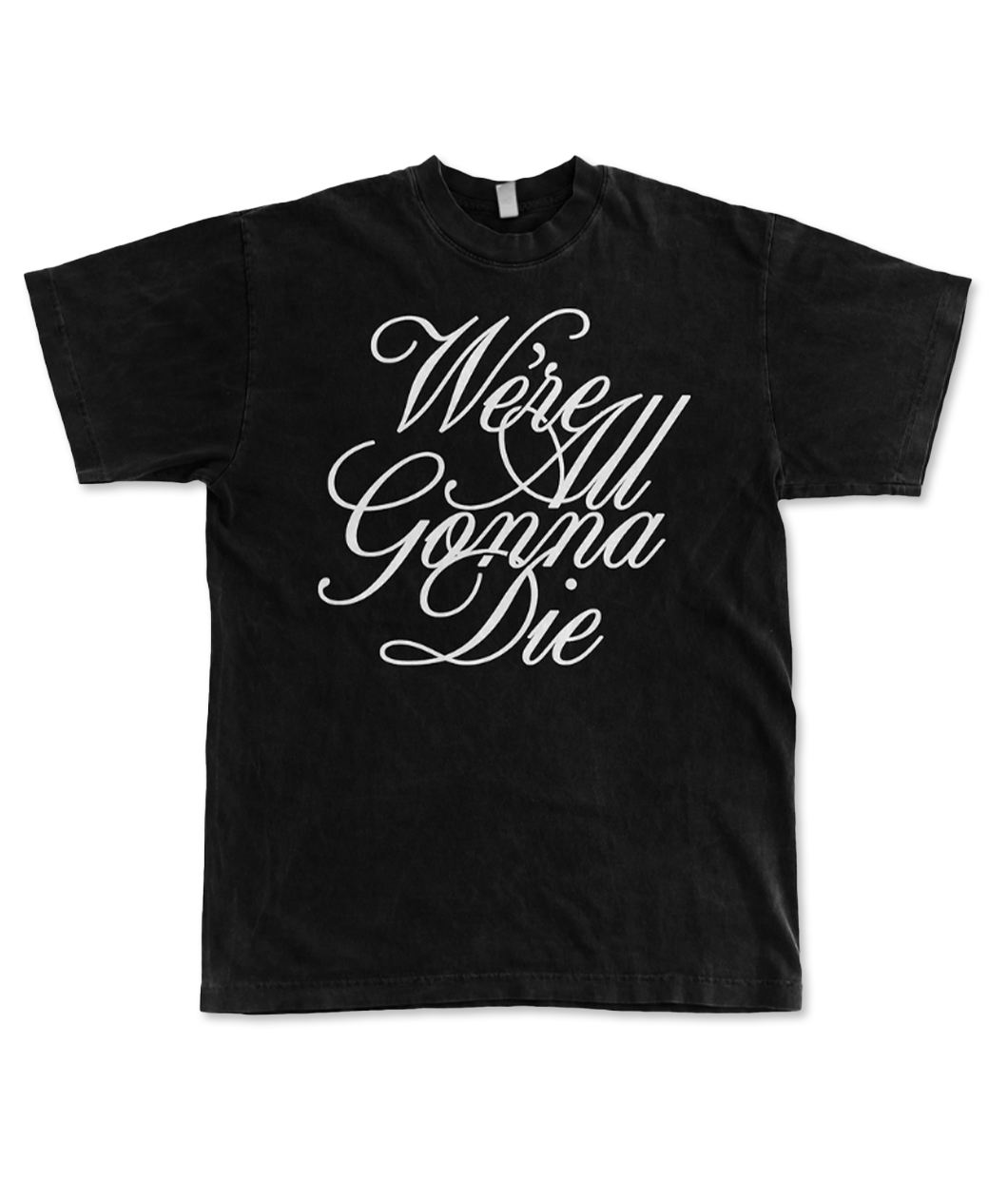 Black tee with script text in white, 