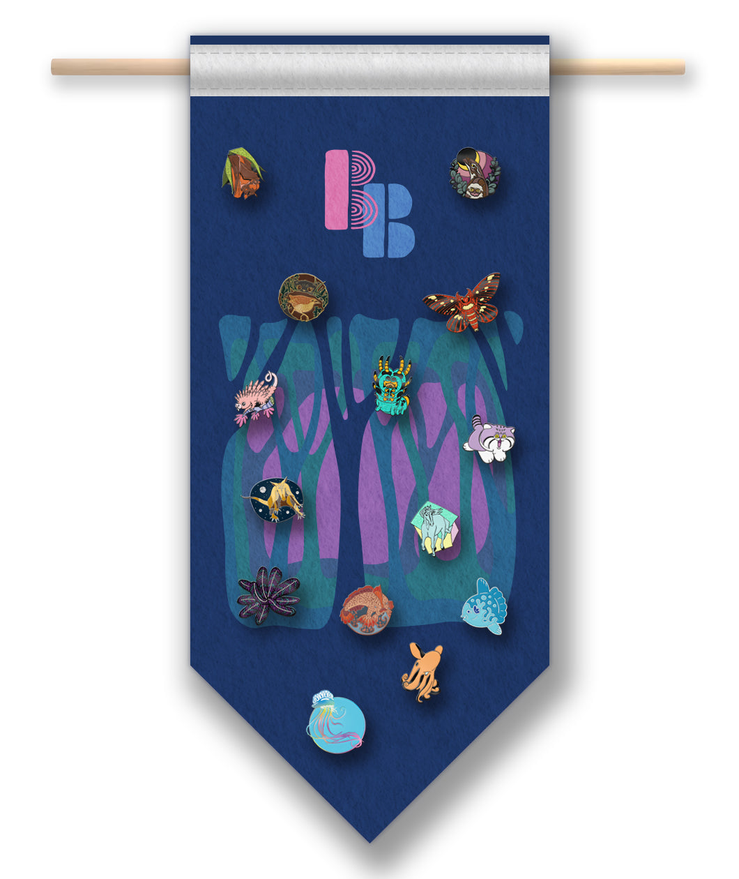 A grid of pins on the Bizarre Beasts pin banner that are each different animals from past Bizarre Beasts designs. They are all part of the Season Zero Pin Set.