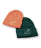 A pair of Books Unbound beanies, one of each color: Heather Orange and Forest. Each are embroidered with two books on the front of the cuff.