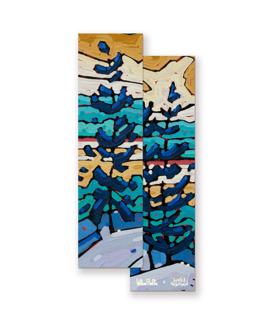 A bookmark with painted artwork on the front and back. The artwork features heavy-paint renditions of mountainous landscape with a prominent tree in the foreground. Such scenes are of places in Nova Scotia. From Books Unbound.