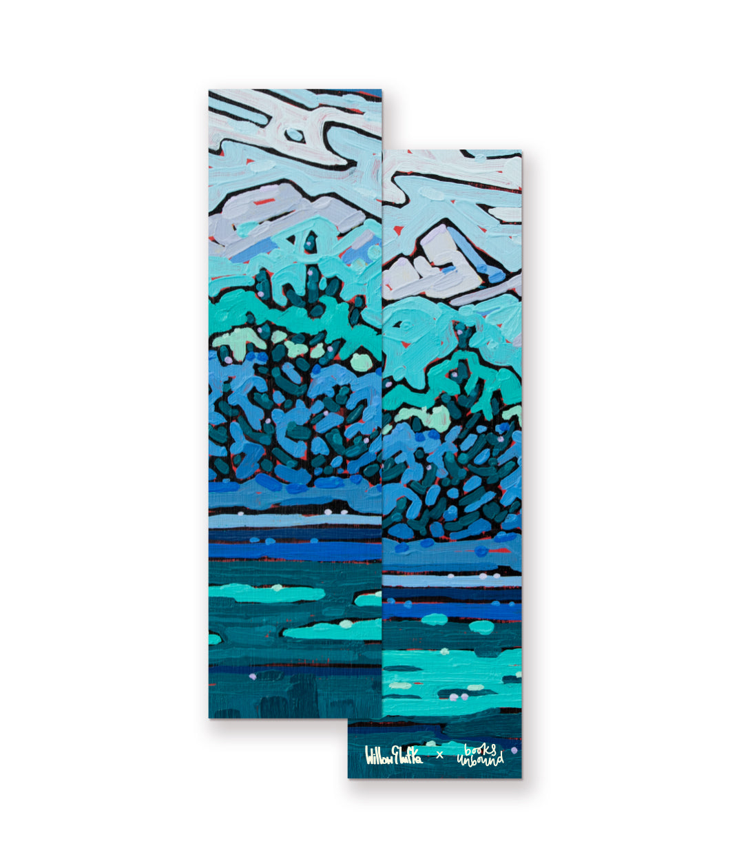 A bookmark with painted artwork on the front and back. The artwork features heavy-paint renditions of mountainous landscapes with trees. Such scenes are of places in Nova Scotia. From Books Unbound.