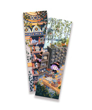A set of 2 bookmarks with artwork of a painterly style, depicting a witch in a greenhouse and a witch in a library.