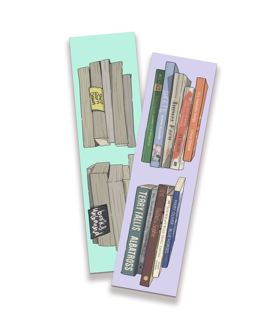 A set of 2 bookmarks with an illustration of stacks of books, with the spines showing the titles of different popular books.