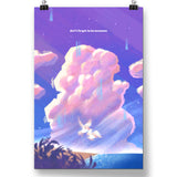 A poster of large pink clouds and two pelicans landing upon a beach. From DFTBA.