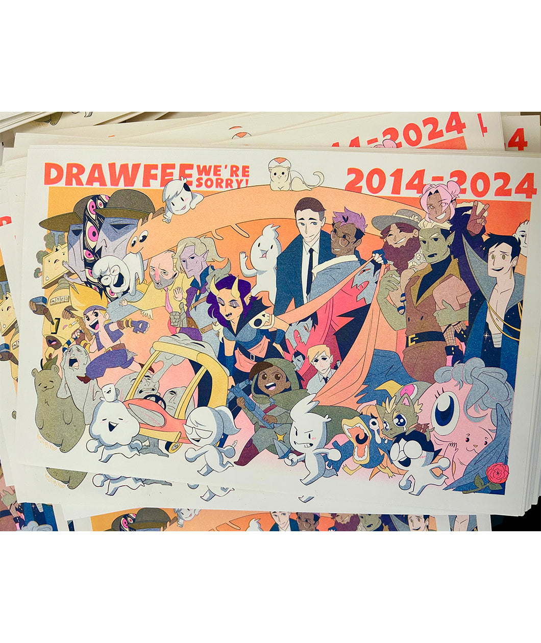 A stack of risograph print posters of the Drawfee cast and other characters.