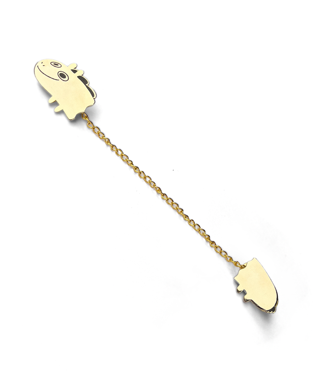 Two pieces of a golden pin that are attached by a gold chain. The front of the pin is the head of Jacob Horse and the other is the back half. From Drawfee.