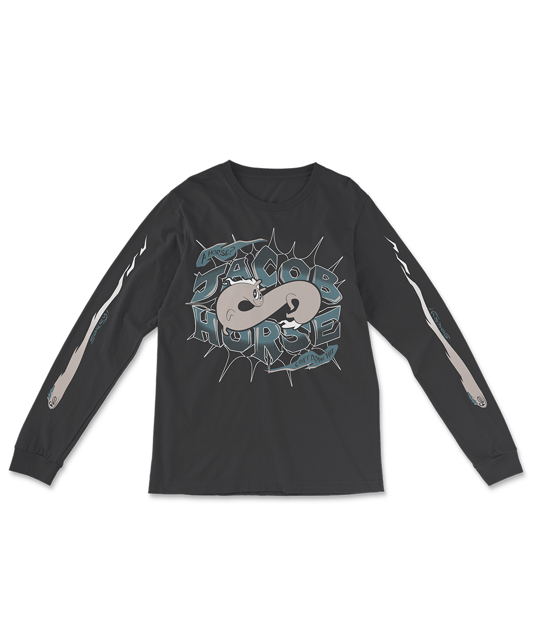 A black long sleeve shirt with an illustration of Jacob Horse and the text "Jacob Horse" "A horse? I can't draw that". From Drawfee.