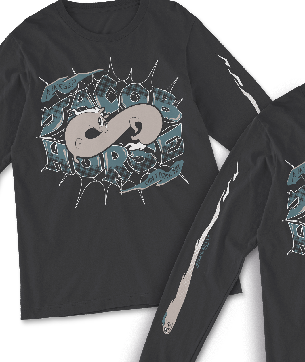 A black long sleeve shirt with an illustration of Jacob Horse and the text "Jacob Horse" "A horse? I can't draw that". From Drawfee.
