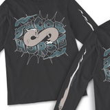 A black long sleeve shirt with an illustration of Jacob Horse and the text "Jacob Horse" "A horse? I can't draw that". From Drawfee.