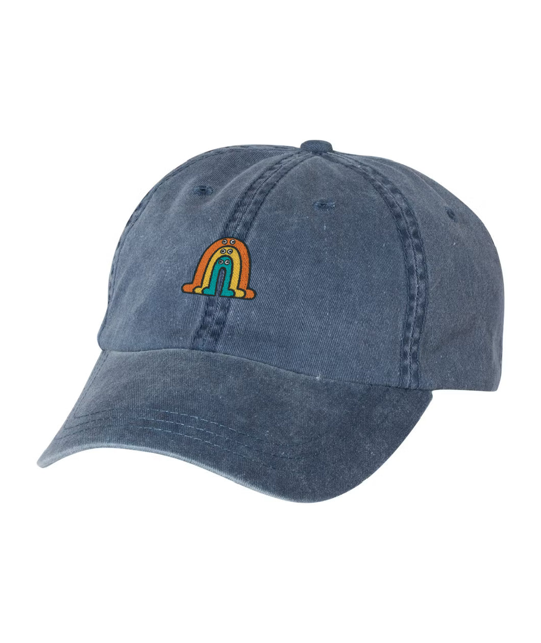 A blue pigment-dyed cap with the Rainbow Gubbins’ design on the front. From Gubbins.