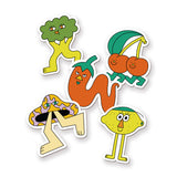 A set of 5 stickers. Each is a design of a Gubbins character. The first is a broccoli character, the second is a cherry character, the third is a pepper character, the fourth is a lemon character, and the fifth is a mushroom character. From Gubbins.