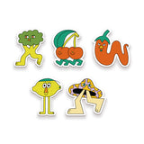A set of 5 stickers. Each is a design of a Gubbins character. The first is a broccoli character, the second is a cherry character, the third is a pepper character, the fourth is a lemon character, and the fifth is a mushroom character. From Gubbins.