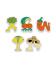 A set of 5 stickers. Each is a design of a Gubbins character. The first is a broccoli character, the second is a cherry character, the third is a pepper character, the fourth is a lemon character, and the fifth is a mushroom character. From Gubbins.