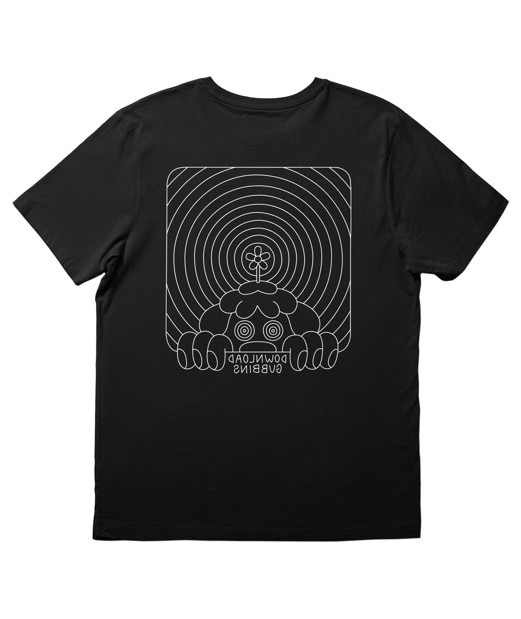 A black t-shirt with a Gubbins’ design on the back. The back of the shirt has artwork of a single large Gubbin. From Gubbins.