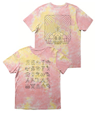 A pink and yellow tie-dye t-shirt with a Gubbins’ design on the front and back. The front of the shirt has artwork of many different Gubbins’ characters. The back of the shirt has a large design of a single Gubbins’ character. From Gubbins.