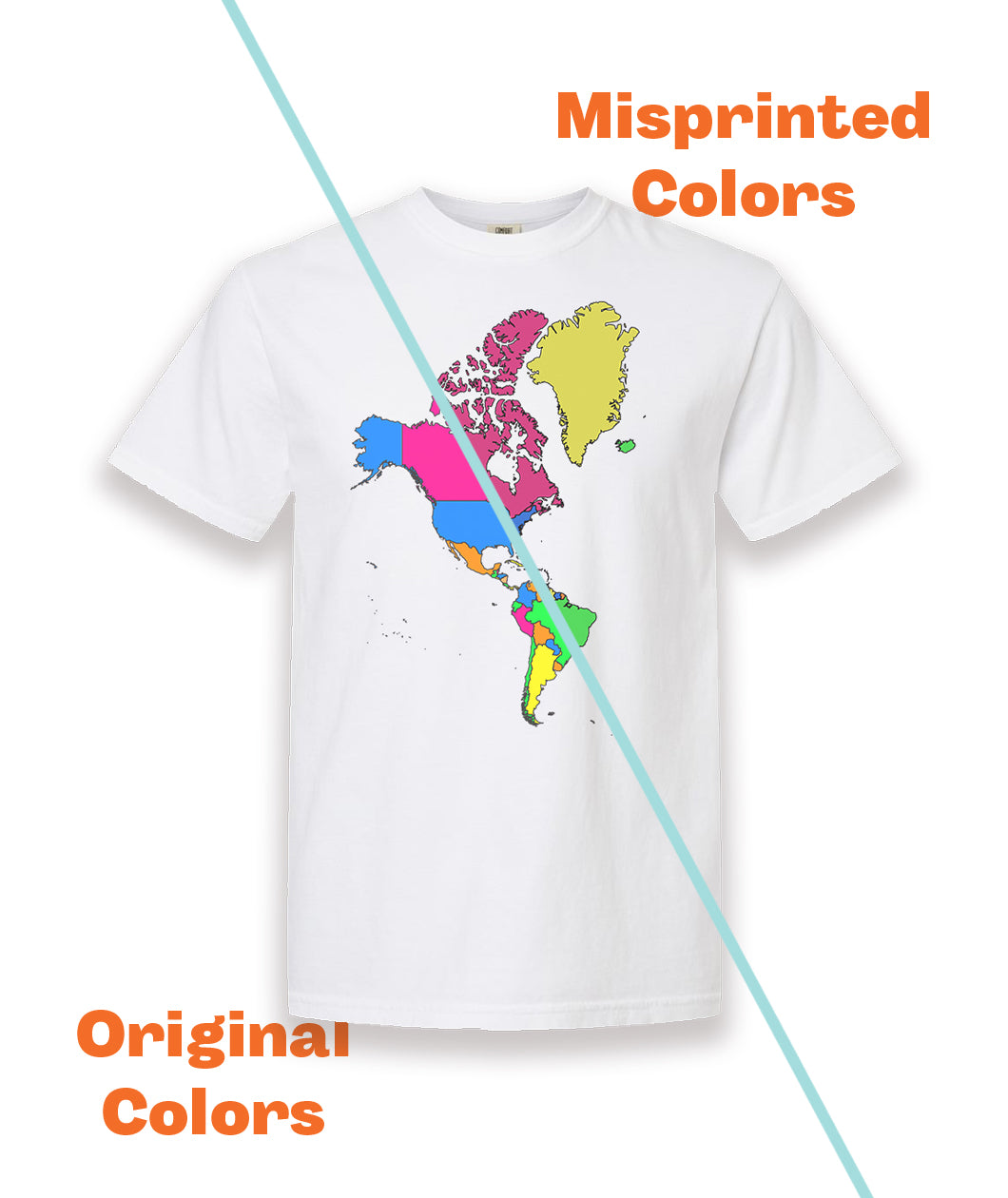 A white t-shirt with a colorful map of the world on the front and the back. The shirt has a line running vertically across to show two different colorways of the shirt design on either side. From Johnny Harris.
