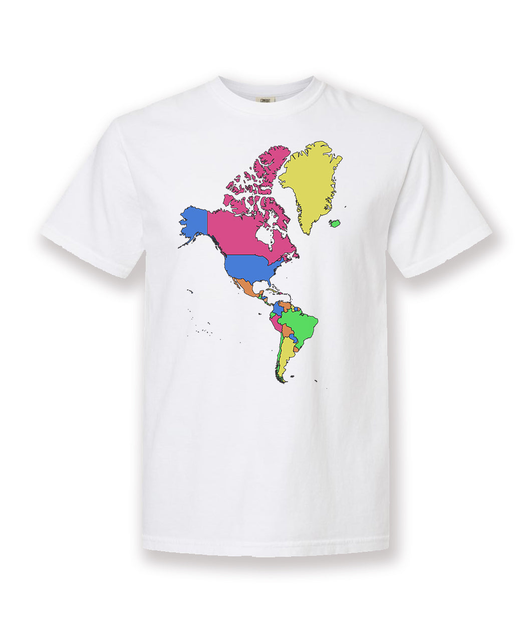 A white t-shirt with a colorful map of the Americas on the front. From Johnny Harris.