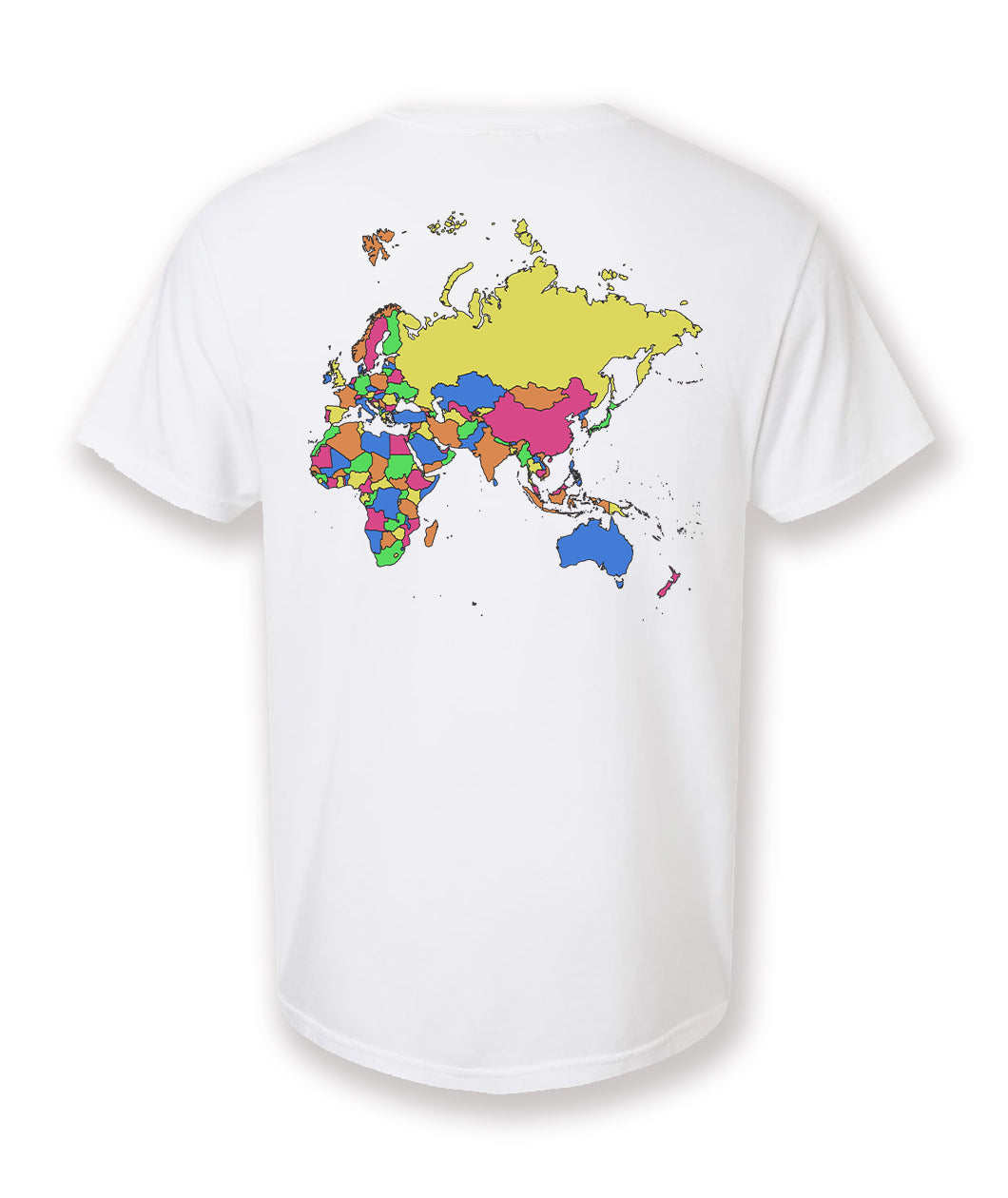 A white t-shirt with a colorful map of Africa, Asia, Australia, and Europe on the back. From Johnny Harris.