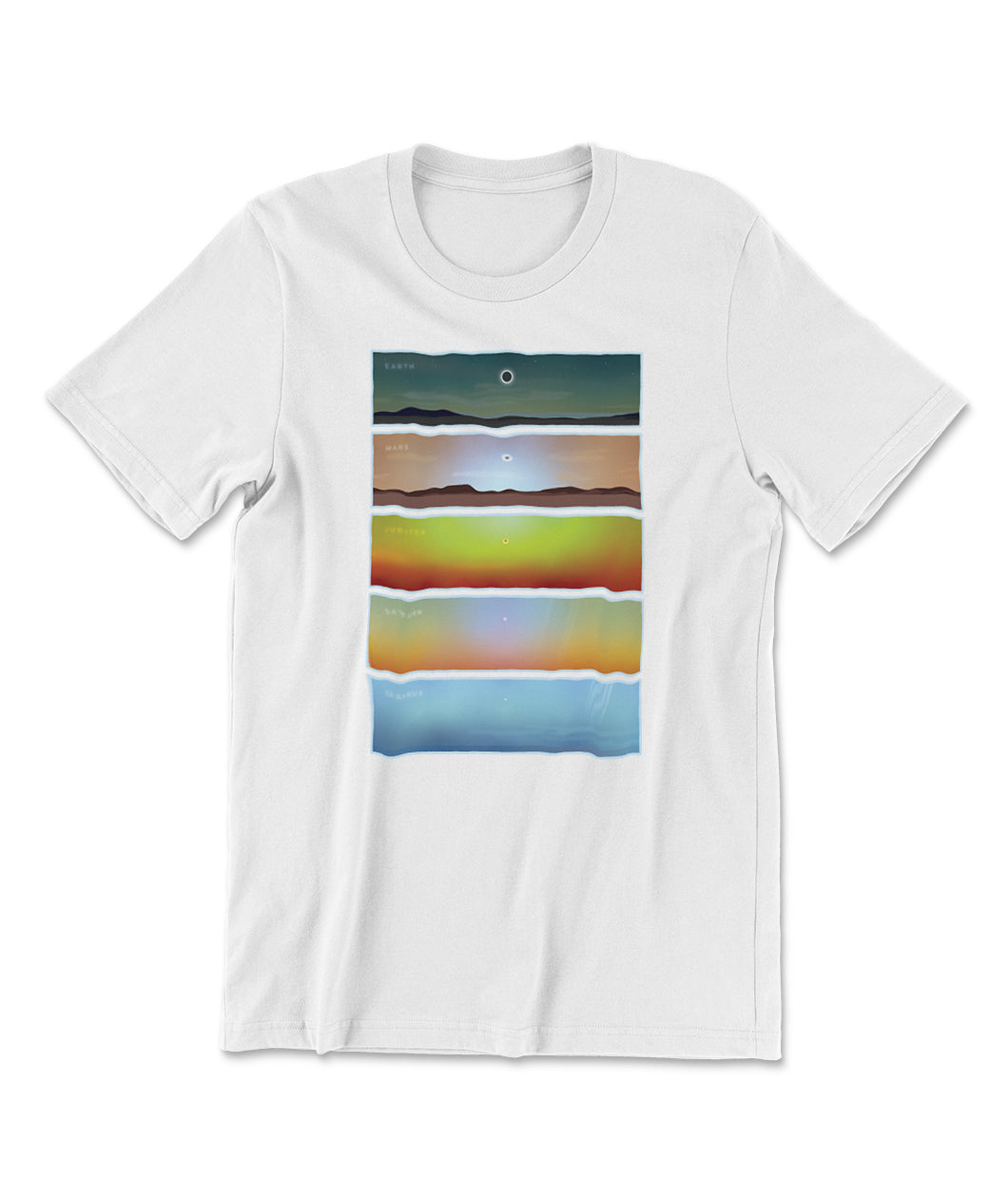 A white t-shirt with a design on the front of a solar eclipse seen from the point of view of several planets. From MinuteEarth.