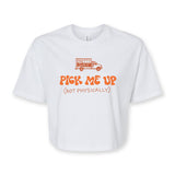 A white crop top with a design of a pick up truck on the front. The side of the pick up truck reads "Pretty Gay" and underneath the truck is large text that reads "Pick Me Up (Not Physically)". From Pretty Gay.