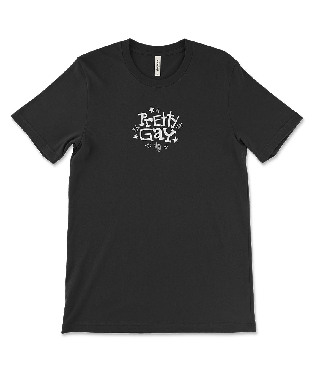 A black t-shirt with text that reads "Pretty Gay" and has little star illustrations around it. From Pretty Gay.