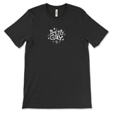 A black t-shirt with text that reads "Pretty Gay" and has little star illustrations around it. From Pretty Gay.